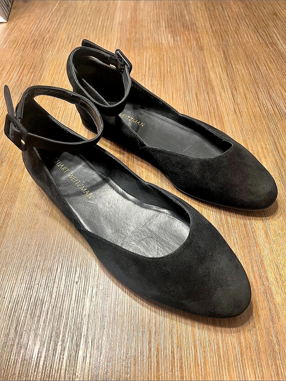 Stuart Weitzman Suede Black Ankle Strap Flats